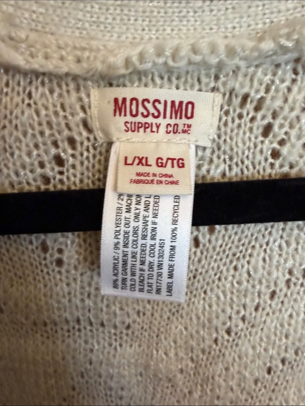 Mossimo L/XL Light Cream Open-Front Knit Cardigan Sweater